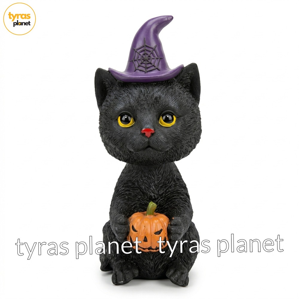 Humane Society Black Cat Spooky Halloween Purple Witch Hat Pumpkin Decor 11"